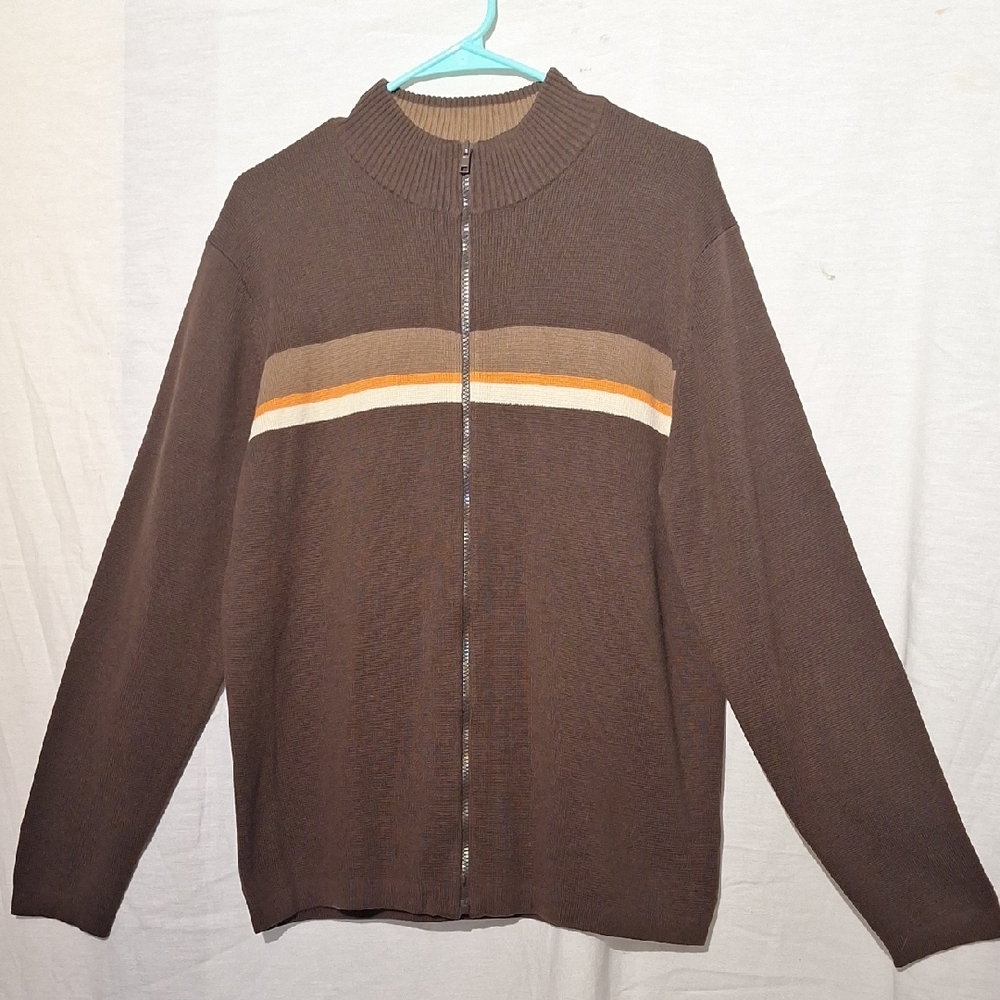 3/$20--Brown Knit Zip Up Men's Sweater With Stripes And Crew Neck, Sz. L., NWOT - Picture 1 of 13